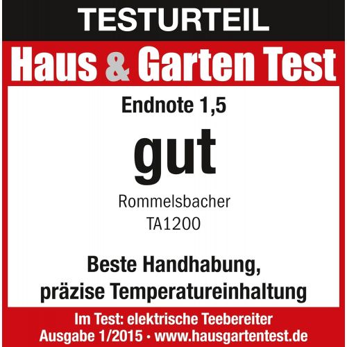  ROMMELSBACHER Tee Automat TA 1200-5 Programme, 4 Bruehtemperaturen (80/85/90/100 °C), Ziehzeit bis 10 Min. einstellbar, Warmhaltefunktion, Startzeitvorwahl, Glas-Teekanne, Edelstahl