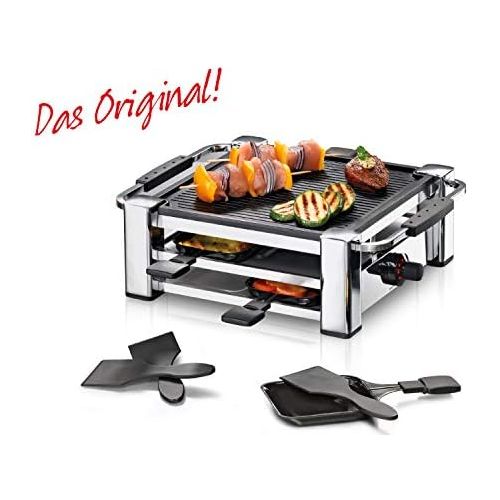  ROMMELSBACHER RCC 1000 Raclette-Grill (Tischgrill, fuer 4 Personen, gerippte Alu-Druckguss-Grillplatte mit Xylan Plus Antihaftbeschichtung, Parkdeck, 4 Pfannchen, 4 Schaber, 1000 W)