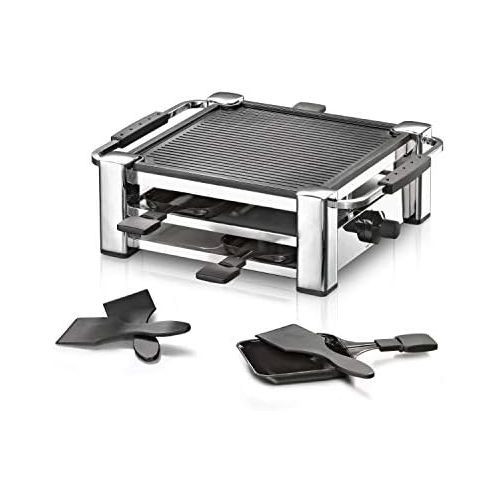  ROMMELSBACHER RCC 1000 Raclette-Grill (Tischgrill, fuer 4 Personen, gerippte Alu-Druckguss-Grillplatte mit Xylan Plus Antihaftbeschichtung, Parkdeck, 4 Pfannchen, 4 Schaber, 1000 W)