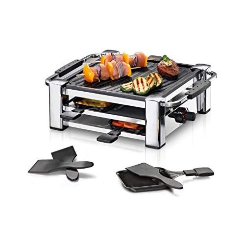  ROMMELSBACHER RCC 1000 Raclette-Grill (Tischgrill, fuer 4 Personen, gerippte Alu-Druckguss-Grillplatte mit Xylan Plus Antihaftbeschichtung, Parkdeck, 4 Pfannchen, 4 Schaber, 1000 W)