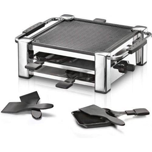  ROMMELSBACHER RCC 1000 Raclette-Grill (Tischgrill, fuer 4 Personen, gerippte Alu-Druckguss-Grillplatte mit Xylan Plus Antihaftbeschichtung, Parkdeck, 4 Pfannchen, 4 Schaber, 1000 W)