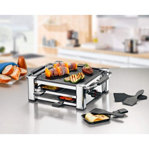  ROMMELSBACHER RCC 1000 Raclette-Grill (Tischgrill, fuer 4 Personen, gerippte Alu-Druckguss-Grillplatte mit Xylan Plus Antihaftbeschichtung, Parkdeck, 4 Pfannchen, 4 Schaber, 1000 W)