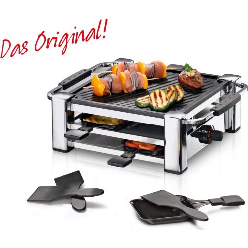  ROMMELSBACHER RCC 1000 Raclette-Grill (Tischgrill, fuer 4 Personen, gerippte Alu-Druckguss-Grillplatte mit Xylan Plus Antihaftbeschichtung, Parkdeck, 4 Pfannchen, 4 Schaber, 1000 W)