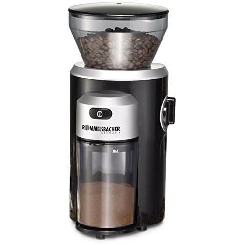  ROMMELSBACHER Kaffeemuehle EKM 300 - Kegelmahlwerk aus Edelstahl, Mahlgrad in 12 Stufen, Mengendosierung bis 10 Portionen, Fuellmenge Bohnenbehalter 220 g, 150 Watt, schwarz/silber