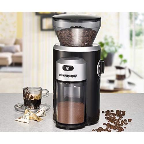  ROMMELSBACHER Kaffeemuehle EKM 300 - Kegelmahlwerk aus Edelstahl, Mahlgrad in 12 Stufen, Mengendosierung bis 10 Portionen, Fuellmenge Bohnenbehalter 220 g, 150 Watt, schwarz/silber