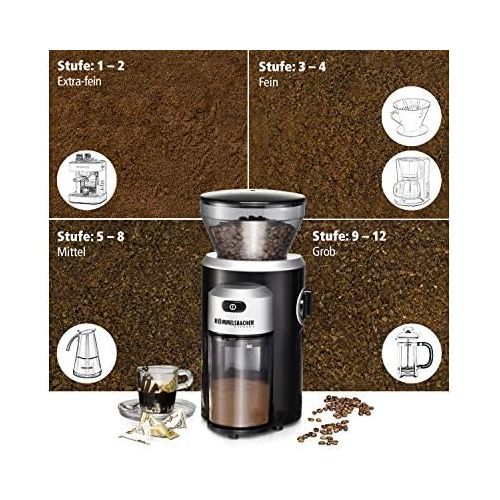  ROMMELSBACHER Kaffeemuehle EKM 300 - Kegelmahlwerk aus Edelstahl, Mahlgrad in 12 Stufen, Mengendosierung bis 10 Portionen, Fuellmenge Bohnenbehalter 220 g, 150 Watt, schwarz/silber