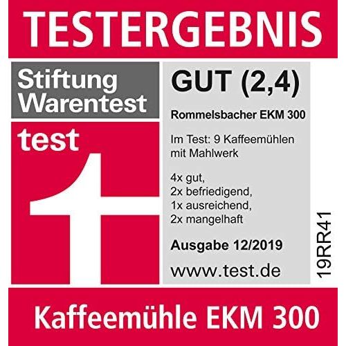  ROMMELSBACHER Kaffeemuehle EKM 300 - Kegelmahlwerk aus Edelstahl, Mahlgrad in 12 Stufen, Mengendosierung bis 10 Portionen, Fuellmenge Bohnenbehalter 220 g, 150 Watt, schwarz/silber