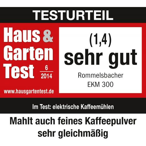  ROMMELSBACHER Kaffeemuehle EKM 300 - Kegelmahlwerk aus Edelstahl, Mahlgrad in 12 Stufen, Mengendosierung bis 10 Portionen, Fuellmenge Bohnenbehalter 220 g, 150 Watt, schwarz/silber