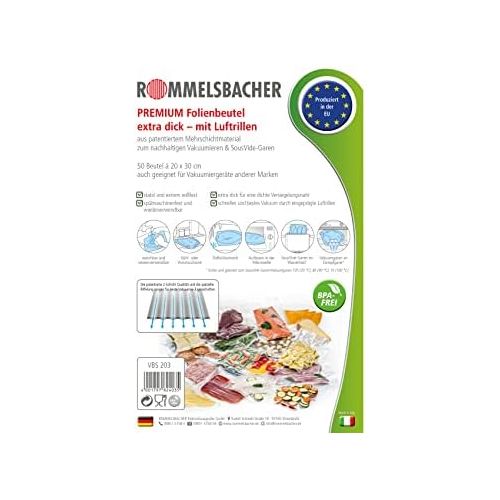  ROMMELSBACHER VBS 203 Profi Folienbeutel (50 Stueck, 20 x 30cm, BPA-frei, eingepragte Luftrillen, wiederverwendbar, Sous vide geeignet, extrem reissfest, fuer alle Balkenvakuumierer)