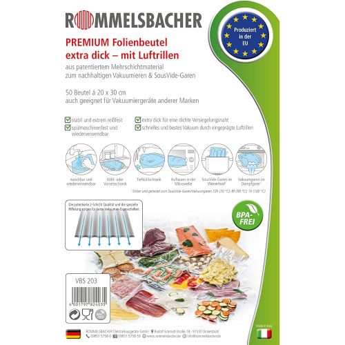  ROMMELSBACHER VBS 203 Profi Folienbeutel (50 Stueck, 20 x 30cm, BPA-frei, eingepragte Luftrillen, wiederverwendbar, Sous vide geeignet, extrem reissfest, fuer alle Balkenvakuumierer)