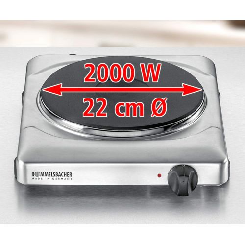  ROMMELSBACHER Einzelkochplatte THS 2022/E - Made in Germany, XXL-Gussheizplatte 220 mm Ø, 7-Takt-Schalter, leistungsgesteuerte Regelung, UEberhitzungsschutz, 2000 Watt, Edelstahl