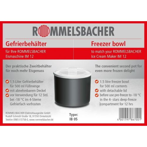  ROMMELSBACHER IB 05 Gefrierbehalter fuer IM 12 Eismaschine Kurt / praktischer Zweitbehalter mit abnehmbarem Deckel / 1.5 L / schwarz