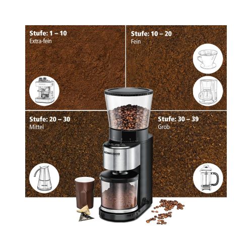  [아마존베스트]ROMMELSBACHER EKM 500 Coffee Grinder - Conical Grinder, Precision Scale, Holder for Portafilter Holder, Grinding Degree in 39 Levels, 5 Function Keys for Individual and Flexible Us