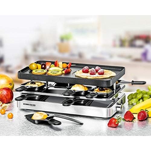  ROMMELSBACHER Raclette Grill RC 1400 ? Reversible Plate for Grilling and Crepes, 8 Pans, Non Stick Coating, On/Off Switch, smooth Temperature Control, Stainless Steel, 1200 W