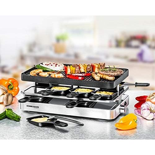  ROMMELSBACHER Raclette Grill RC 1400 ? Reversible Plate for Grilling and Crepes, 8 Pans, Non Stick Coating, On/Off Switch, smooth Temperature Control, Stainless Steel, 1200 W