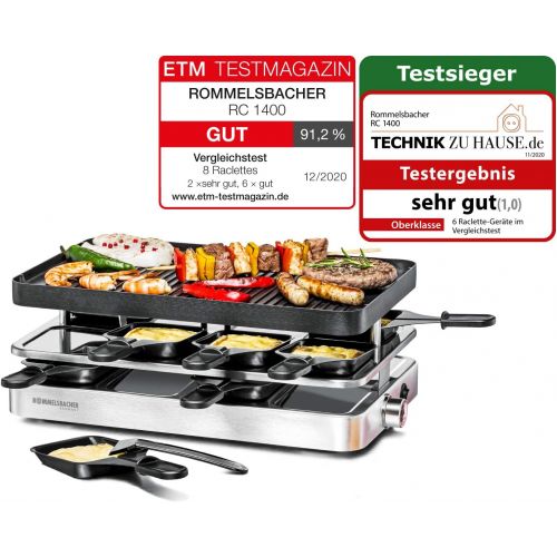  ROMMELSBACHER Raclette Grill RC 1400 ? Reversible Plate for Grilling and Crepes, 8 Pans, Non Stick Coating, On/Off Switch, smooth Temperature Control, Stainless Steel, 1200 W