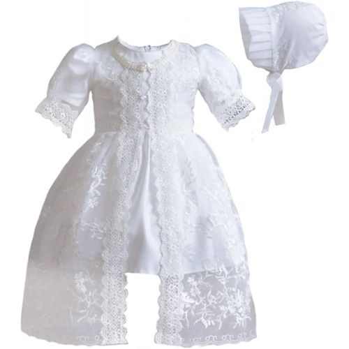  Romping House Baby Girls 3Pcs Organza Lace-Overlay Christening Gown Baptism Dress With Bonnet