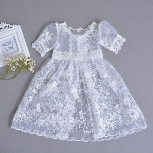  Romping House Baby Girls 3Pcs Organza Lace-Overlay Christening Gown Baptism Dress With Bonnet