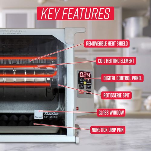  Ronco Showtime Large Capacity Rotisserie & BBQ Oven Platinum Edition, Digital Controls, Perfect Preset Rotation Speed, Self-Basting, Auto Shutoff, Includes Multipurpose Basket