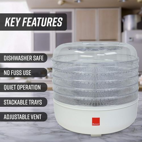  [아마존베스트]Ronco 5-Tray Dehydrator, Food Preserver Quiet Operation, for Beef, Turkey, Chicken, Fish Jerky, Fruits, Vegetables, Classic White