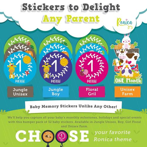  Ronica Massive Pack of 32 Baby Stickers, 12 Baby Monthly Stickers, 20 Popular Milestones Baby Stickers, Record Your Babys Growth, Holidays And Special Firsts, Unique Baby Gifts- Farm Them