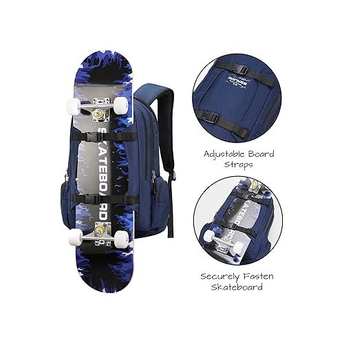  Ronyes Skateboard Backpack, Skateboard Bag,17.3 Inch Laptop Backpack with USB Charging Port, Basketball Longboard Backpack for Sports Travel Blue