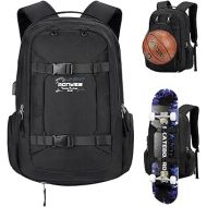 Ronyes Skateboard Backpack, Skateboard Bag,17.3 Inch Laptop Backpack with USB Charging Port, Basketball Longboard Backpack for Sports Travel Black