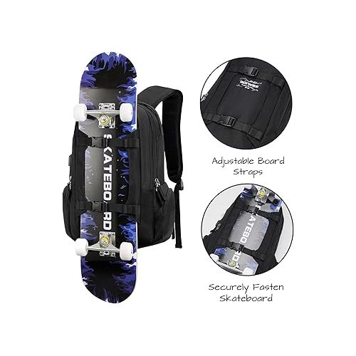 Ronyes Skateboard Backpack, Skateboard Bag,17.3 Inch Laptop Backpack with USB Charging Port, Basketball Longboard Backpack for Sports Travel Black