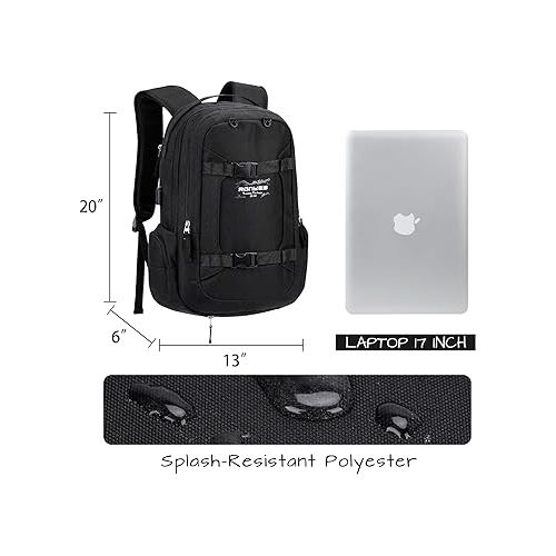  Ronyes Skateboard Backpack, Skateboard Bag,17.3 Inch Laptop Backpack with USB Charging Port, Basketball Longboard Backpack for Sports Travel Black