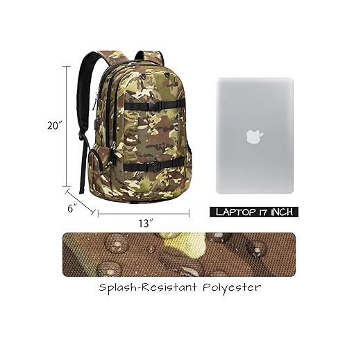  Ronyes Skateboard Backpack, Skateboard Bag,17.3 Inch Laptop Backpack with USB Charging Port, Military Tactical Backpack for Sports Travel Camo Green