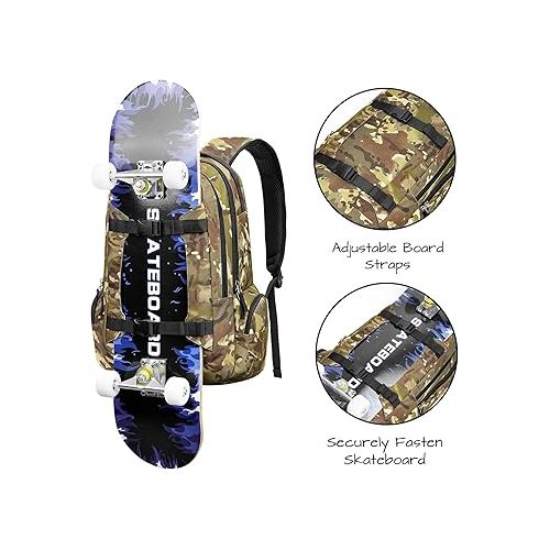  Ronyes Skateboard Backpack, Skateboard Bag,17.3 Inch Laptop Backpack with USB Charging Port, Military Tactical Backpack for Sports Travel Camo Green