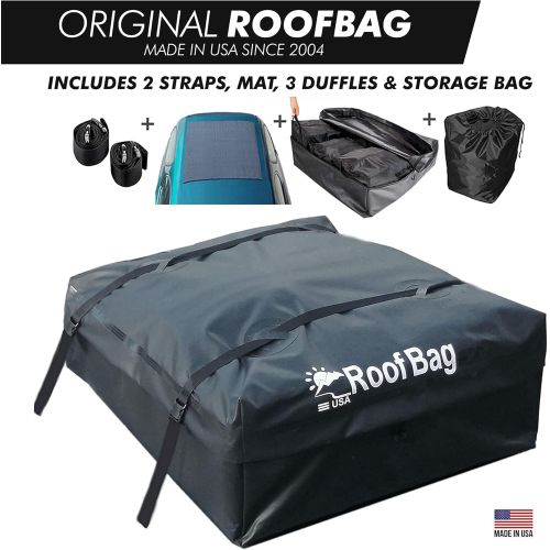  RoofBag Rooftop Cargo Carrier Made in USA is a Waterproof Car Roof Bag or Car Roof Cargo Carrier for Rack or No-Rack. Roof Bag Car Top Carrier 15 cu. ft. with Straps, Mat, Storage