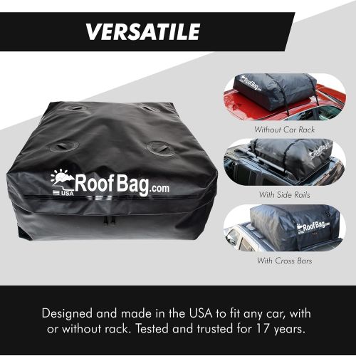  RoofBag Rooftop Cargo Carrier Made in USA is a Waterproof Car Roof Bag or Car Roof Cargo Carrier for Rack or No-Rack. Roof Bag Car Top Carrier 15 cu. ft. with Straps, Mat, Storage