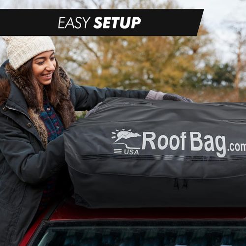  RoofBag Rooftop Cargo Carrier Made in USA is a Waterproof Car Roof Bag or Car Roof Cargo Carrier for Rack or No-Rack. Roof Bag Car Top Carrier 15 cu. ft. with Straps, Mat, Storage