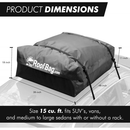  RoofBag Rooftop Cargo Carrier Made in USA is a Waterproof Car Roof Bag or Car Roof Cargo Carrier for Rack or No-Rack. Roof Bag Car Top Carrier 15 cu. ft. with Straps, Mat, Storage