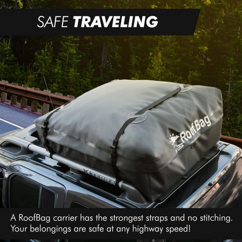  RoofBag Rooftop Cargo Carrier Made in USA is a Waterproof Car Roof Bag or Car Roof Cargo Carrier for Rack or No-Rack. Roof Bag Car Top Carrier 15 cu. ft. with Straps, Mat, Storage