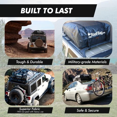  RoofBag Rooftop Cargo Carrier Made in USA is a Waterproof Car Roof Bag or Car Roof Cargo Carrier for Rack or No-Rack. Roof Bag Car Top Carrier 15 cu. ft. with Straps, Mat, Storage