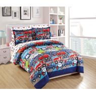 RoomMates Full Size 7pc Comforter Set for Kids Heroes Fire Fighter Fire Trucks Police Car Ambulance Paramedic Navy Blue Red White Light Blue Grey Green New