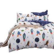 RoomMates Brandream Space Rocket Print Cotton Boys Bedding Duvet Cover Sets Queen White and Blue 3 Pieces (1 Duvet Cover and 2 Pillowcases) Planet Spaceship Star Full Queen Boys Girls Beddin