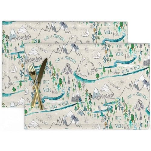  Roostery Cloth Placemats, Mountain Range River Stream Camping Wood Map Moon Boy Nursery Outdoors Nature Explore Print, Linen Cotton Canvas Placemats, Set of 2