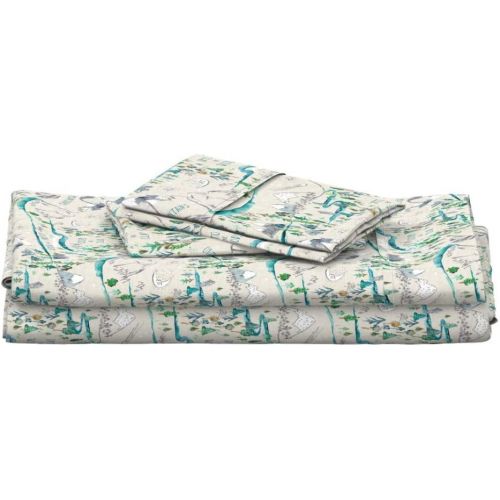  Roostery Sheet Set, Mountain Range River Stream Camping Wood Map Moon Boy Nursery Outdoors Nature Explore Print, 100% Itallian Cotton Sateen Sheet Set, Twin