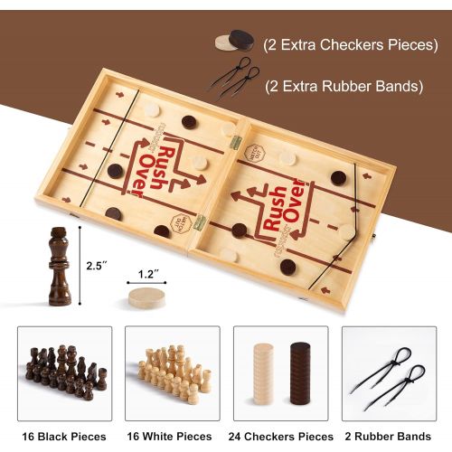  ropoda Fast Sling Puck Game, 4 in 1 Portable Wooden Board Games Set for Adults and Kids, Easter Basket Stuffer Idea, Chess, Checkers and Tic Tac Toe, Foldable Tabletop Wooden Hocke