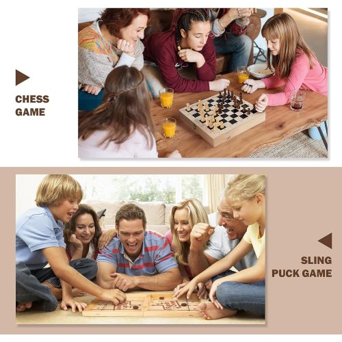  ropoda Fast Sling Puck Game, 4 in 1 Portable Wooden Board Games Set for Adults and Kids, Easter Basket Stuffer Idea, Chess, Checkers and Tic Tac Toe, Foldable Tabletop Wooden Hocke