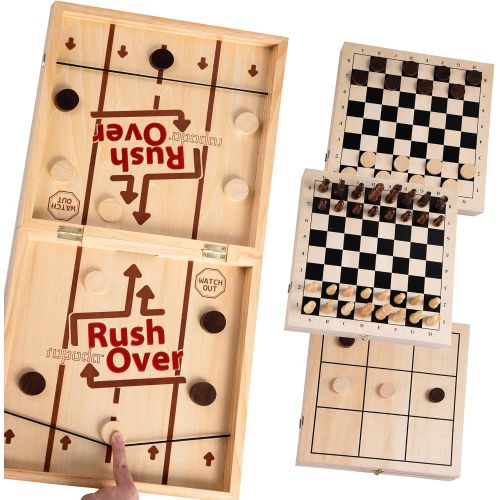  ropoda Fast Sling Puck Game, 4 in 1 Portable Wooden Board Games Set for Adults and Kids, Easter Basket Stuffer Idea, Chess, Checkers and Tic Tac Toe, Foldable Tabletop Wooden Hocke