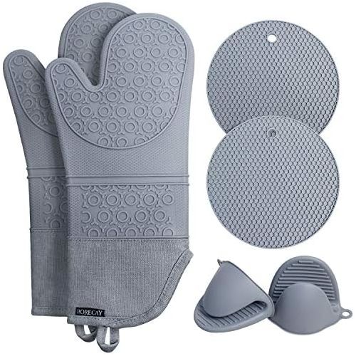  [아마존베스트]Rorecay Extra Long Oven Mitts and Pot Holders Sets: Heat Resistant Silicone Oven Mittens with Mini Oven Gloves and Hot Pads Potholders for Kitchen Baking Cooking, Quilted Liner, Gr