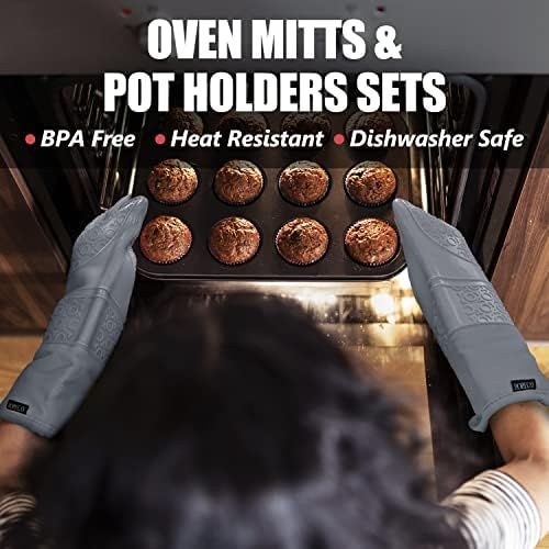  [아마존베스트]Rorecay Extra Long Oven Mitts and Pot Holders Sets: Heat Resistant Silicone Oven Mittens with Mini Oven Gloves and Hot Pads Potholders for Kitchen Baking Cooking, Quilted Liner, Gr