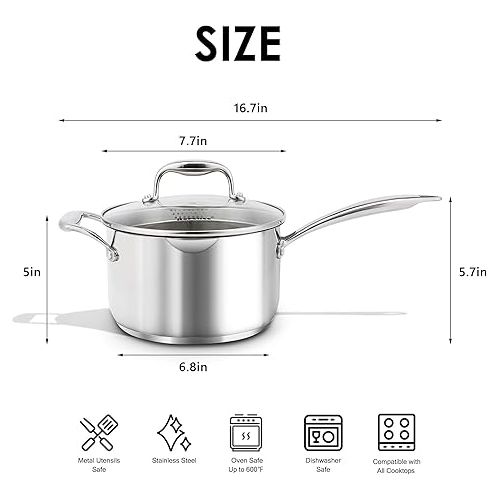  Rorence Stainless Steel Saucepan Sauce Pan with Pour Spout & Glass Lid with Strainer - 3.7 Quart
