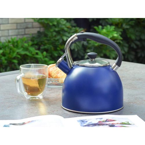  [아마존베스트]Rorence Stainless Steel Whistling kettle: 2.5 Quart with Capsule Bottom & Heat-resistant Glass Lid  Navy Blue
