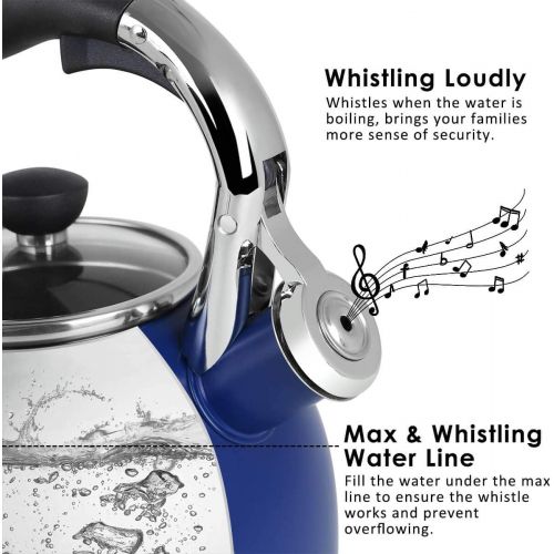  [아마존베스트]Rorence Stainless Steel Whistling kettle: 2.5 Quart with Capsule Bottom & Heat-resistant Glass Lid  Navy Blue