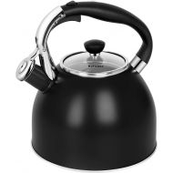 Rorence Whistling Tea Kettle: 2.5 Quart Stainless Steel Kettle with Capsule Bottom & Heat-resistant Glass Lid (Black)